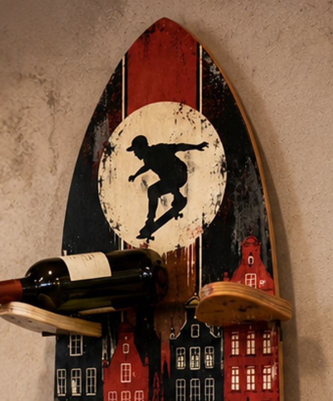 Detail of the deck's original nose graphic, kept scratched and worn on the finished rack.